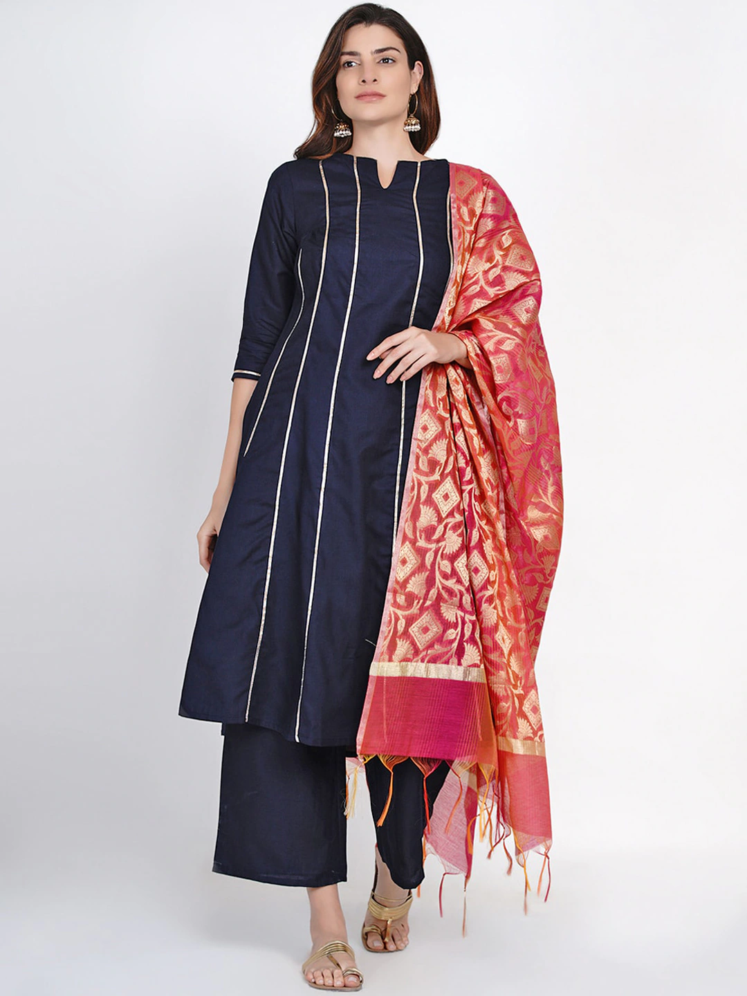 Women's Blue & Golden Gotta Striped Kurta With Blue Solid Palazzos With Dupatta - Bhama Couture