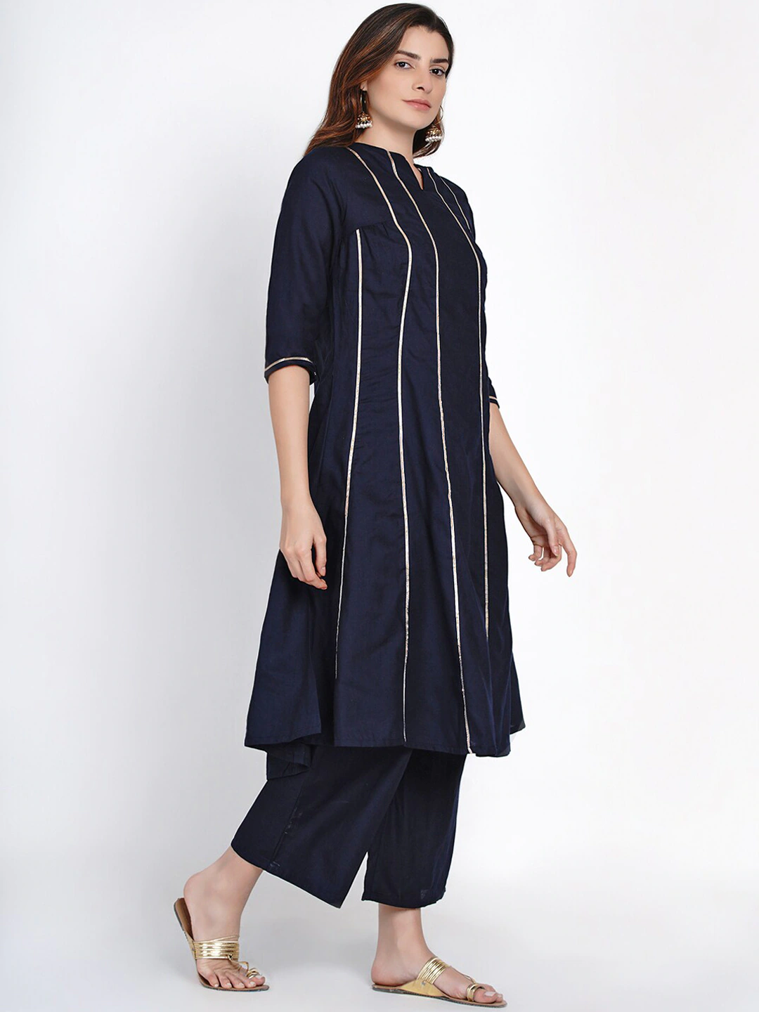 Women's Blue & Golden Gotta Striped Kurta With Blue Solid Palazzos With Dupatta - Bhama Couture