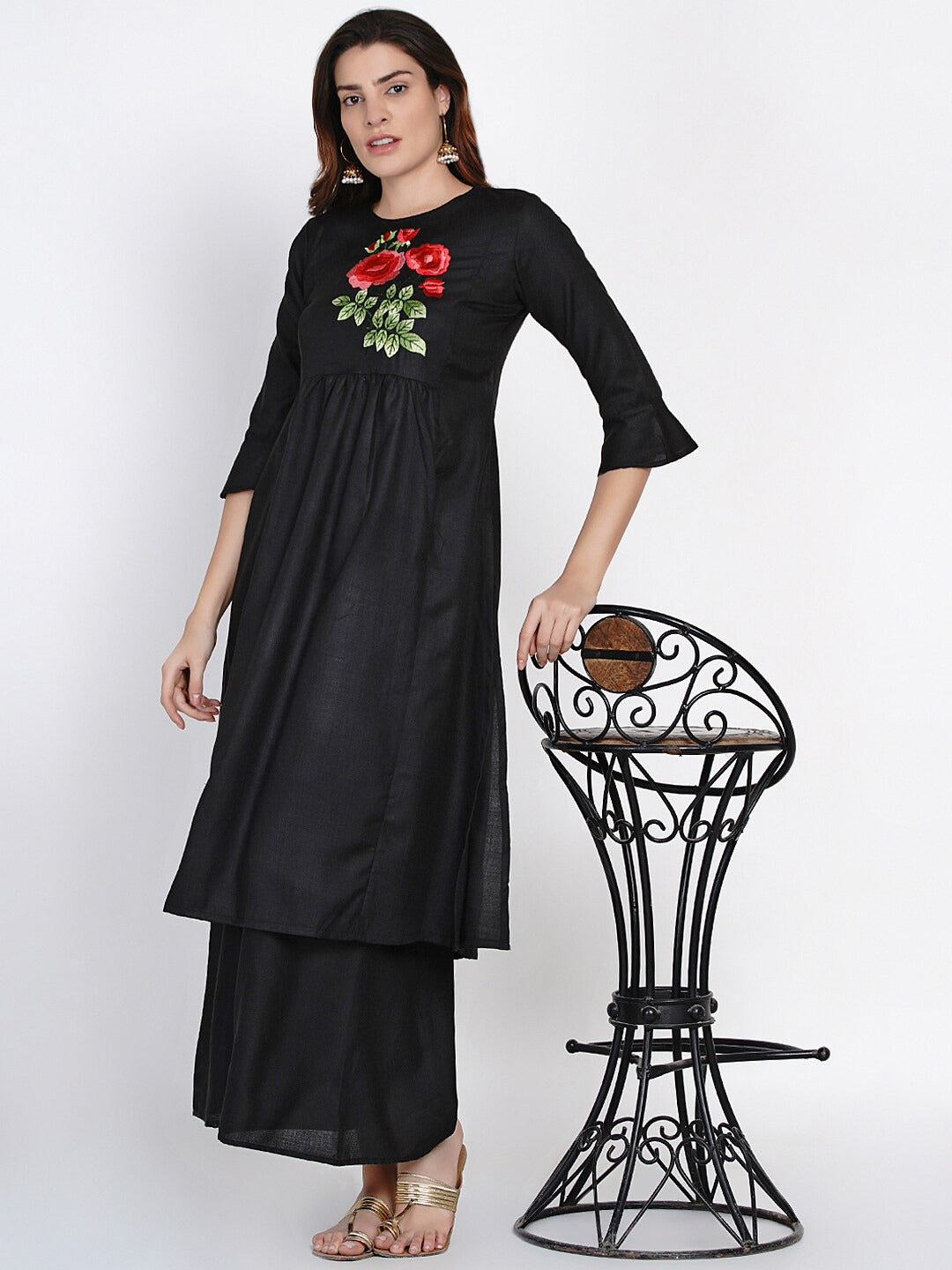 Women's Black Yoke Embroidered Kurta With Palazzos - Bhama Couture