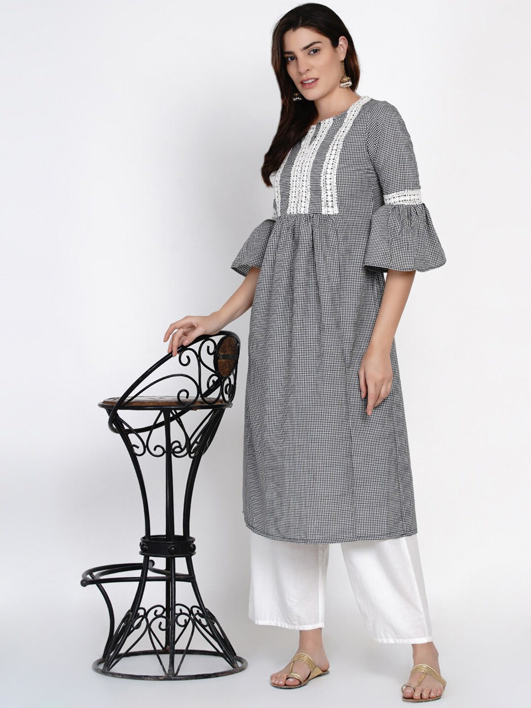 Women's White & Black Checked Print Kurti With Lace Work Detailing With Palazzos - Bhama Couture