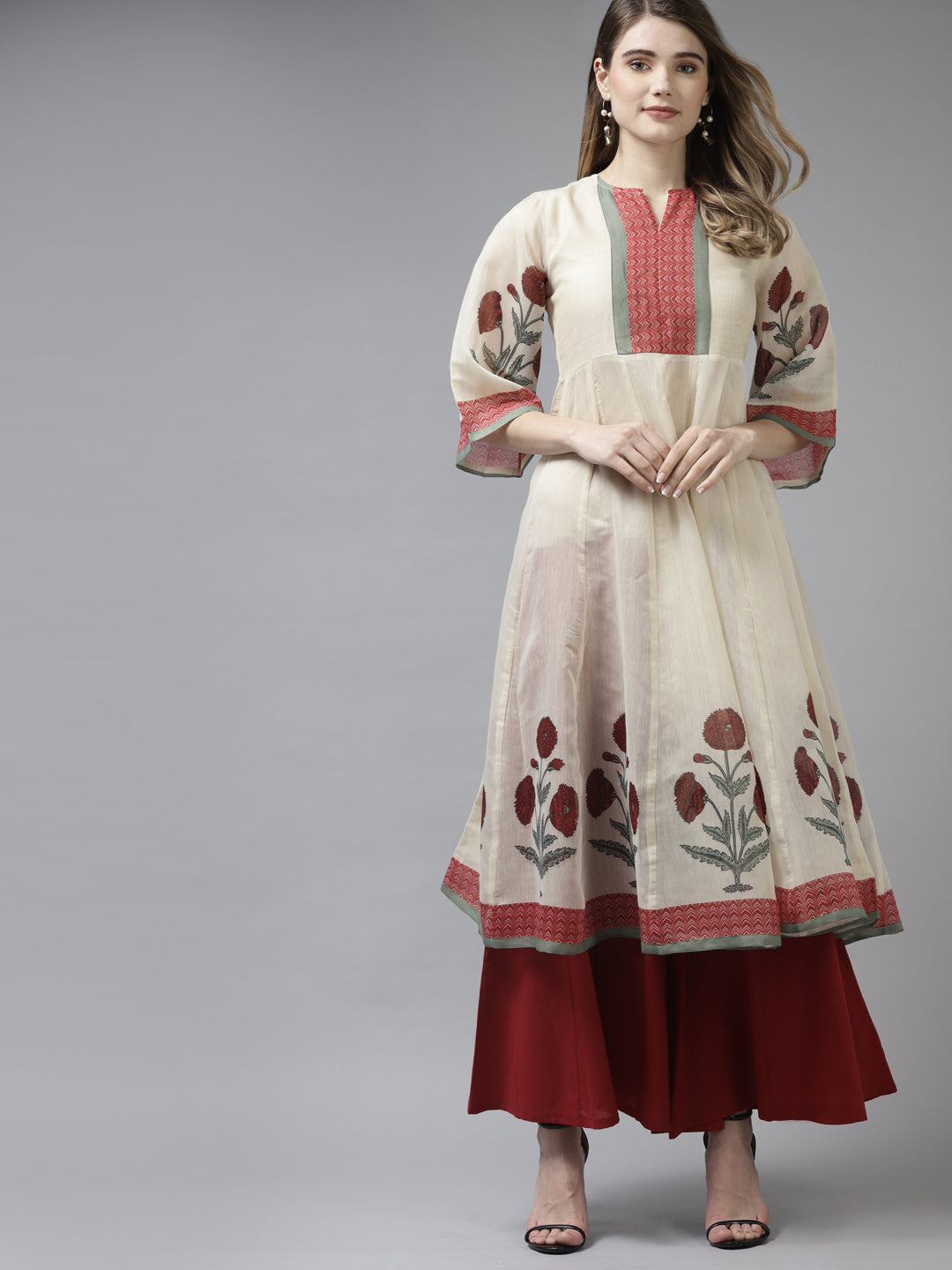 Women's Beige Floral Printed A-Line Kurta With Palazzos - Bhama Couture
