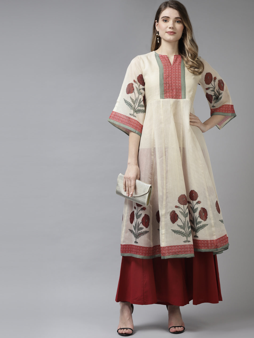 Women's Beige Floral Printed A-Line Kurta With Palazzos - Bhama Couture
