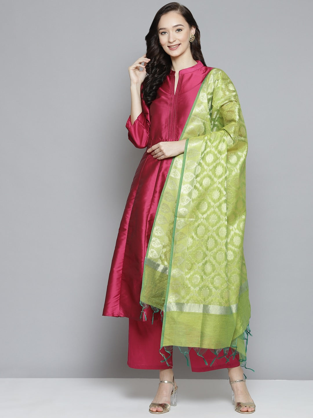 Women's Burgundy Solid Kurta With Palazzos With Dupatta - Bhama Couture