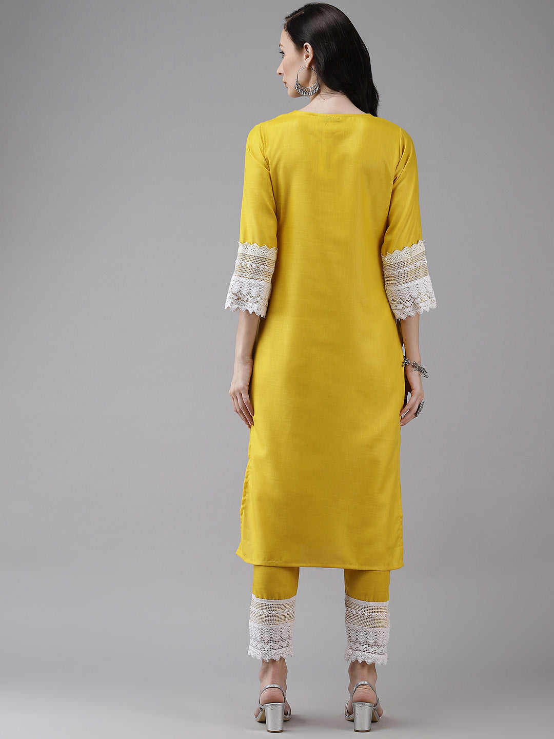 Women's Yellow Solid Kurta & Trousers With Lace Insert Detail - Bhama Couture