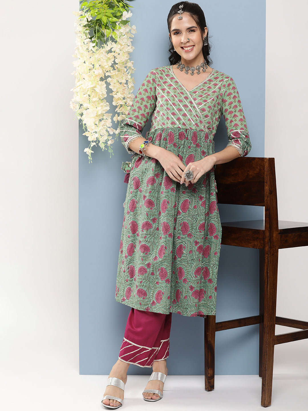 Women's Olive Green Floral Print High-Slit Kurta With Gotta Patti Details With Pink Solid Palazzos - Bhama Couture