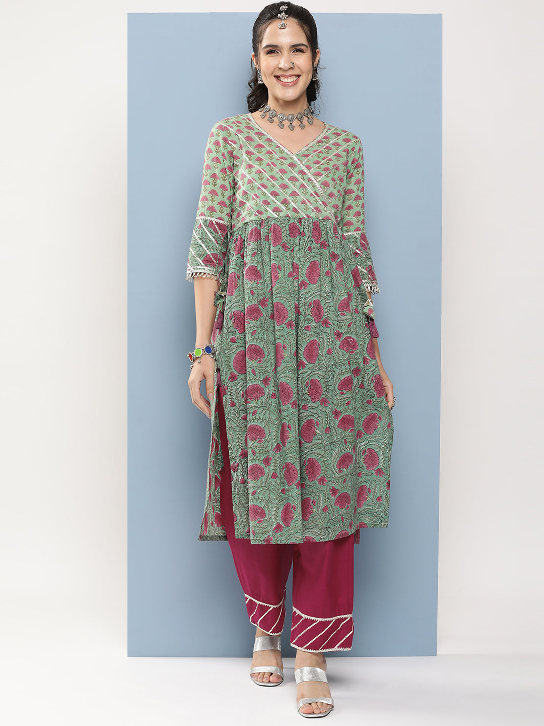 Women's Olive Green Floral Print High-Slit Kurta With Gotta Patti Details With Pink Solid Palazzos - Bhama Couture