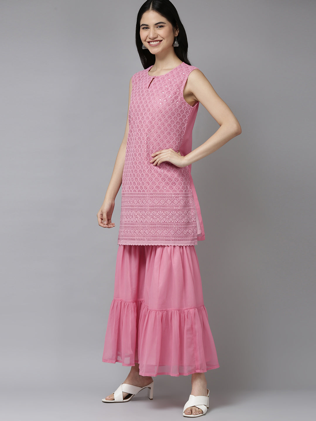 Women's Pink Embroidered Kurta With Sharara With Dupatta - Bhama Couture