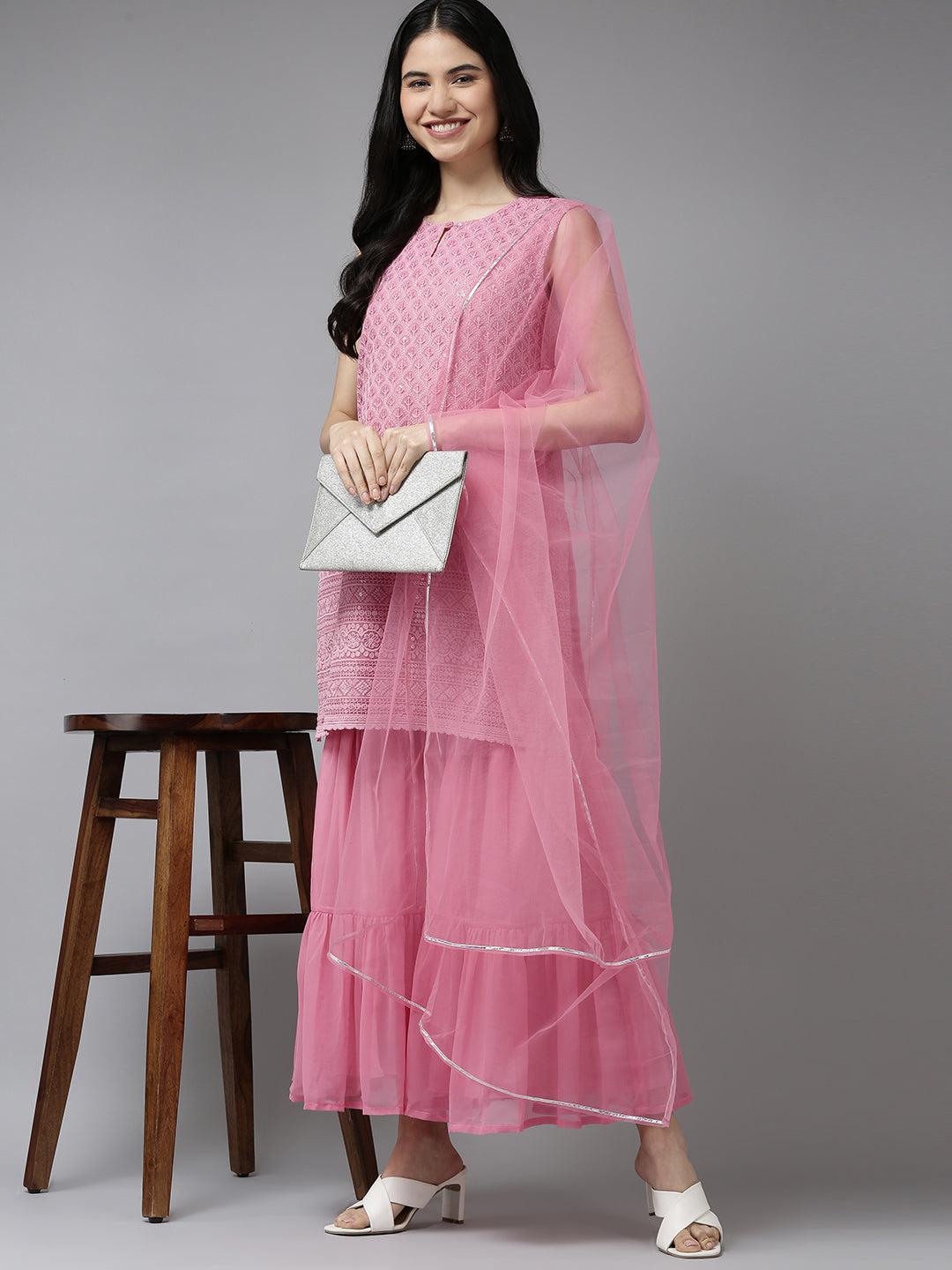 Women's Pink Embroidered Kurta With Sharara With Dupatta - Bhama Couture
