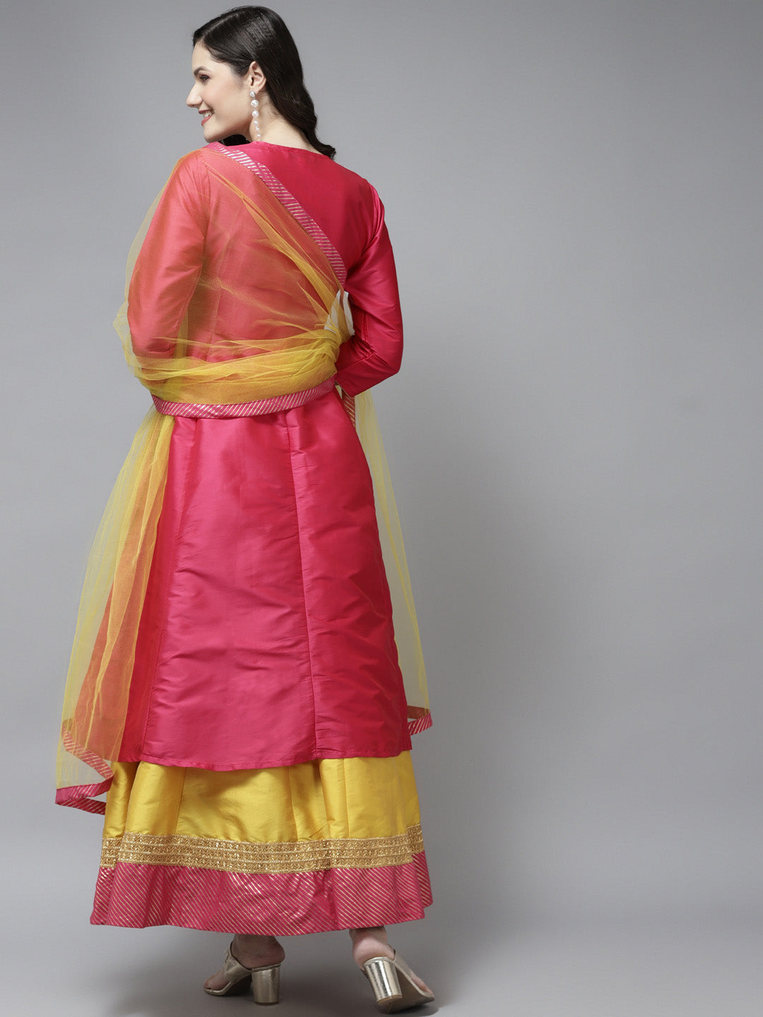 Women's Pink Yoke Design Kurta & Skirt With Dupatta - Bhama Couture