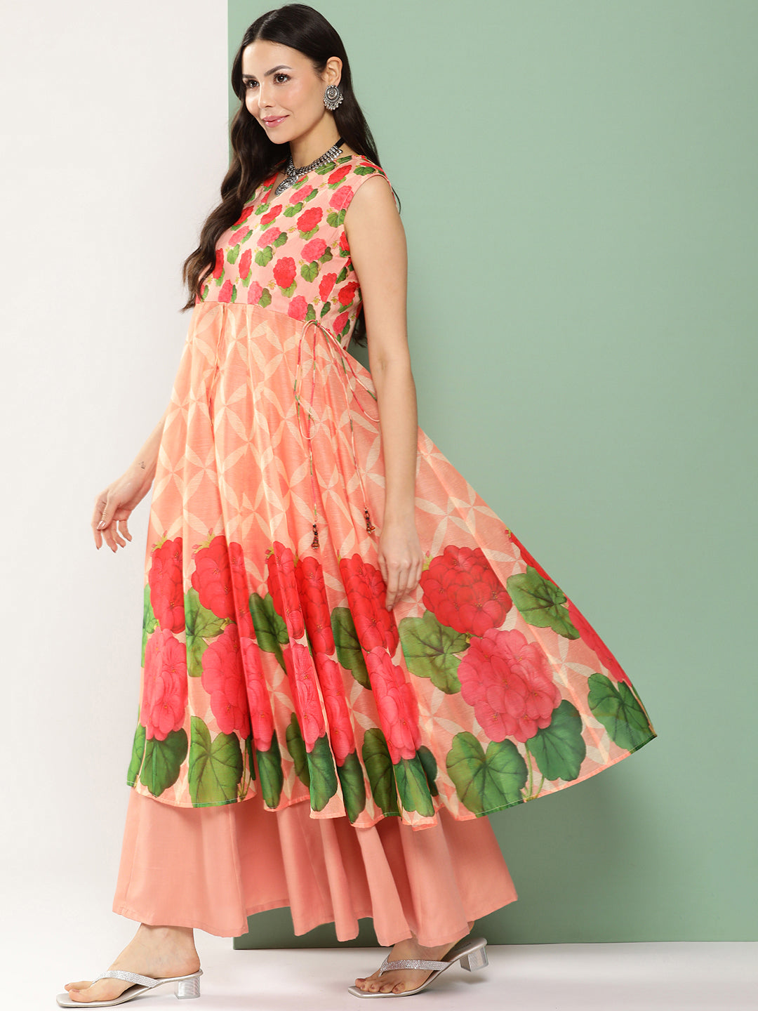Women's Peach Chanderi Floral Printed Mid Open Kurta With Skirt - Bhama Couture