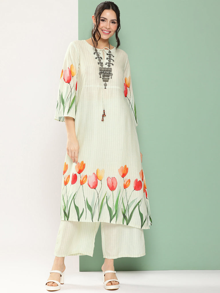 Women's Blue Tulip Print Kurta With Palazzos