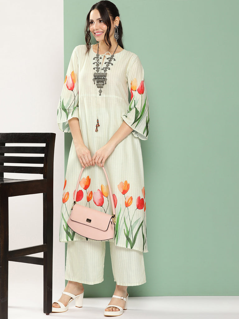 Women's Blue Tulip Print Kurta With Palazzos