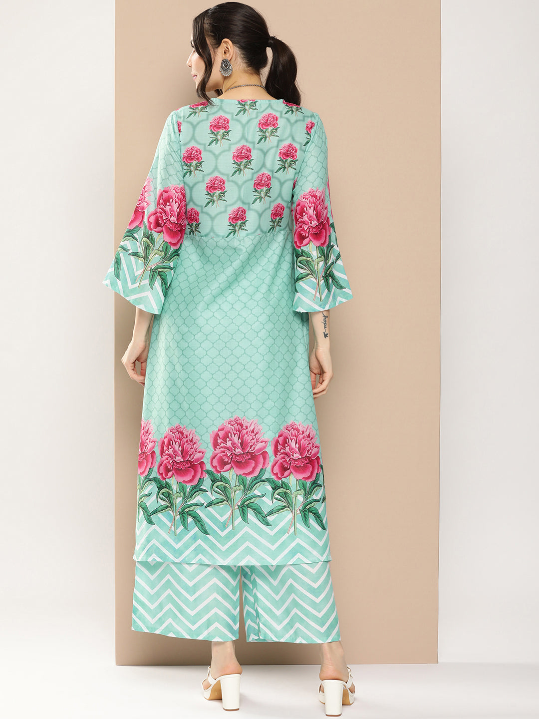 Women's Blue Floral Printed A-Line Kurta With Palazzos - Bhama Couture