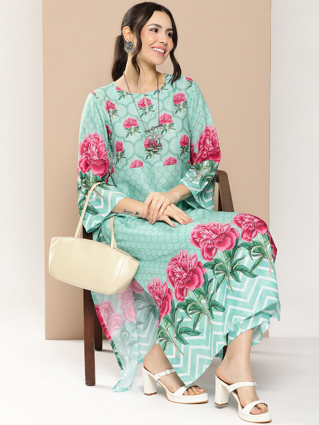 Women's Blue Floral Printed A-Line Kurta With Palazzos - Bhama Couture