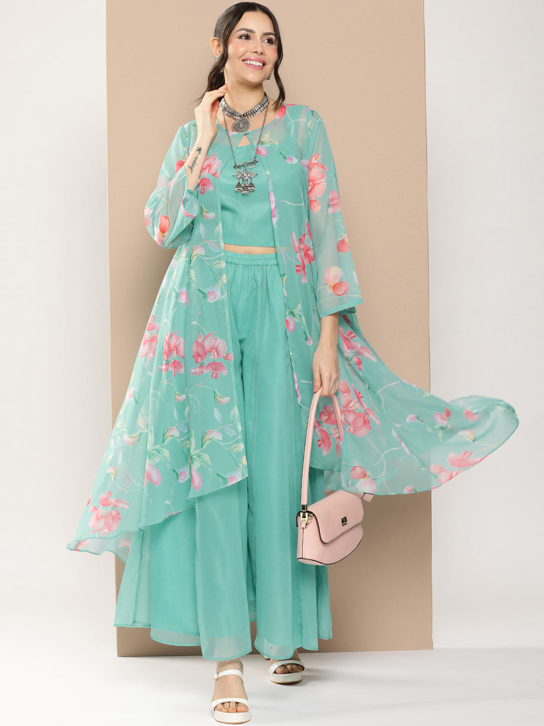 Women's Blue Floral Print Cape & Inner Plain Short Spaghetti With Flared Palazzos - Bhama Couture