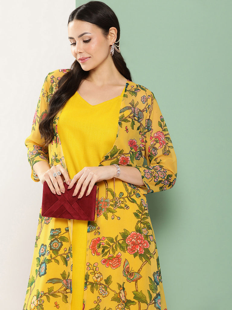 Women's Mustard Floral Printed Jacket, Kurta With Palazzos
