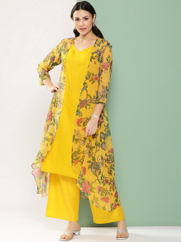 Women's Mustard Floral Printed Jacket, Kurta With Palazzos