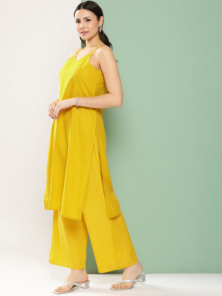 Women's Mustard Floral Printed Jacket, Kurta With Palazzos