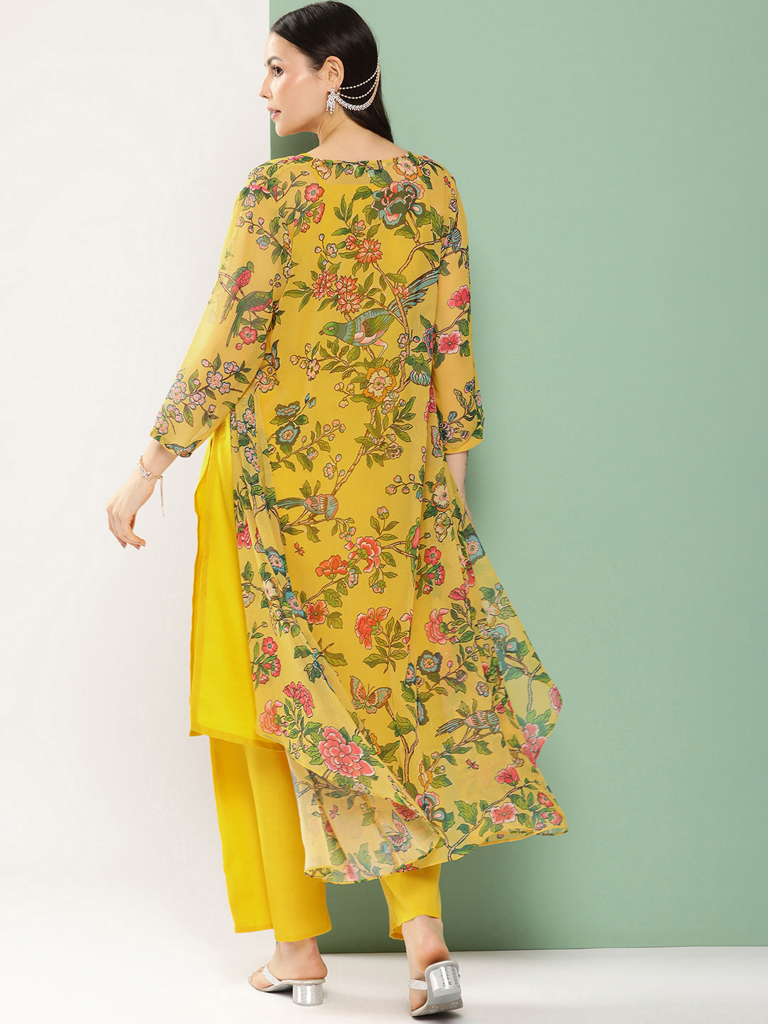 Women's Mustard Floral Printed Jacket, Kurta With Palazzos - Bhama Couture