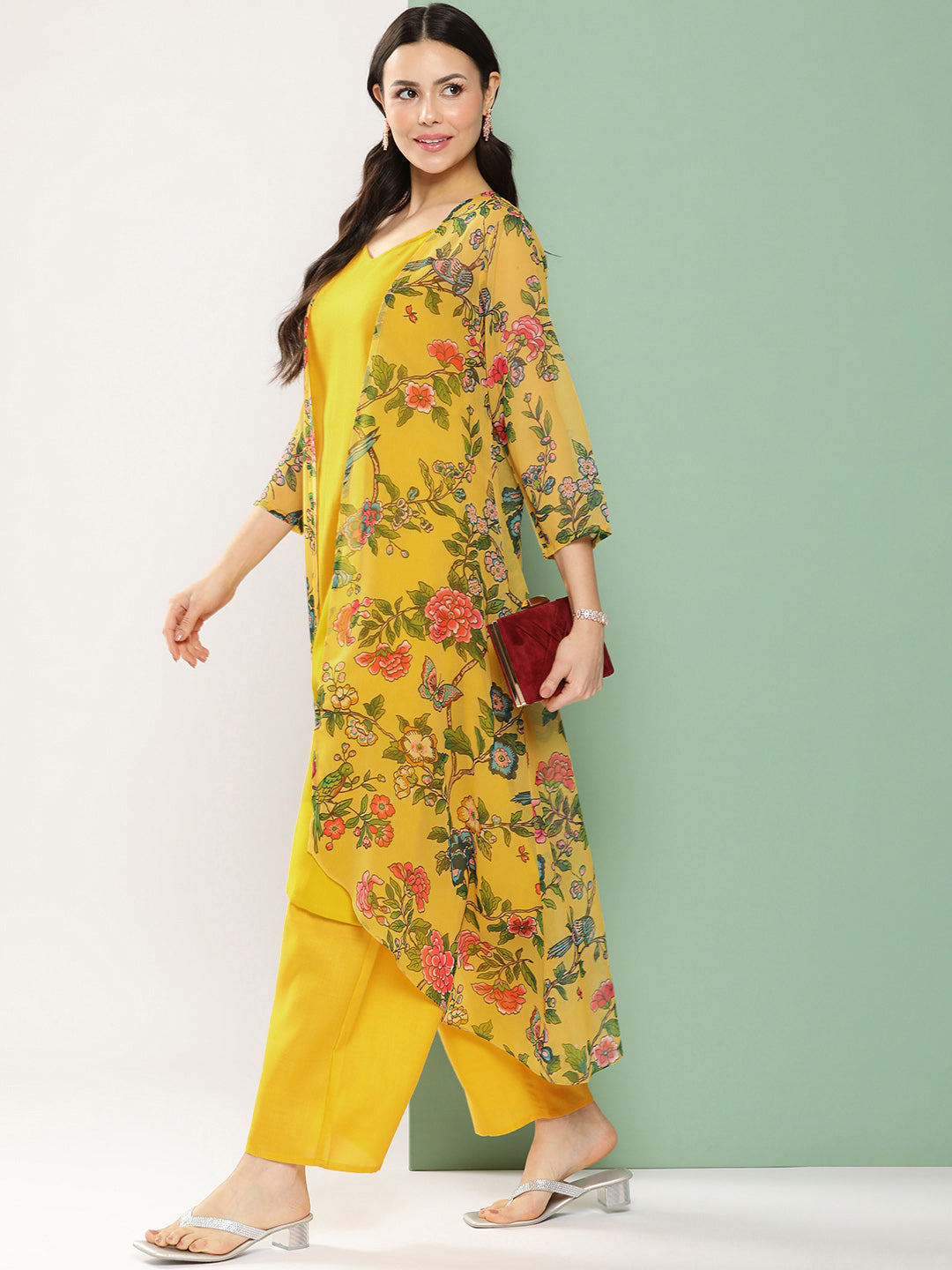 Women's Mustard Floral Printed Jacket, Kurta With Palazzos - Bhama Couture