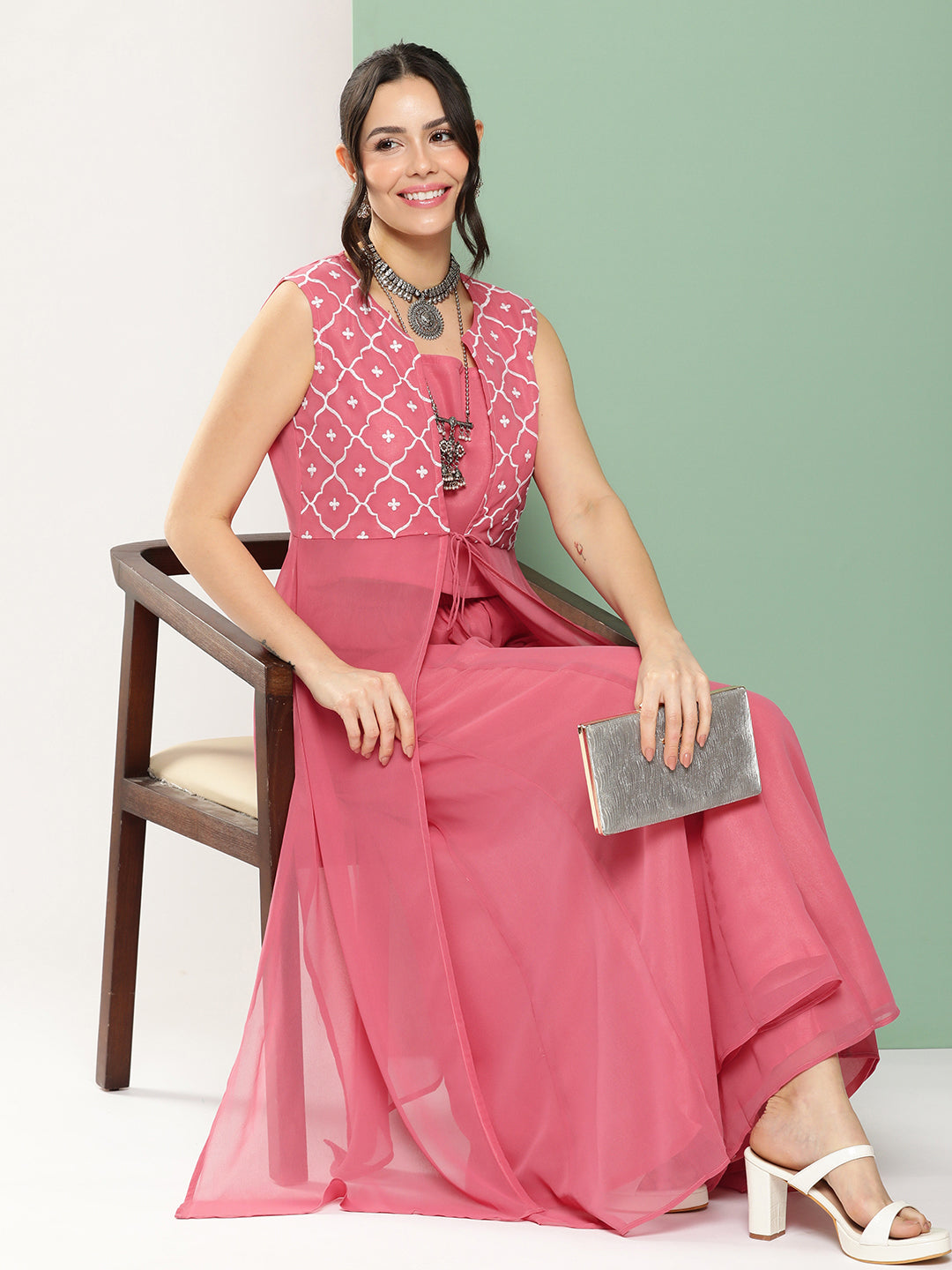Women's Peach Embroidered Cape & Inner Plain Short Spaghetti With Flared Palazzos - Bhama Couture