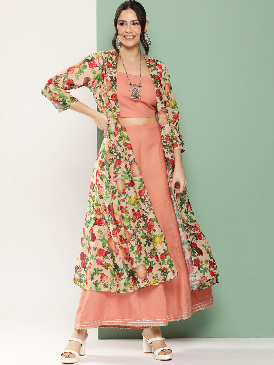 Women's Peach Floral Print Shrug & Inner Plain Short Spaghetti, With Flared Palazzos - Bhama Couture
