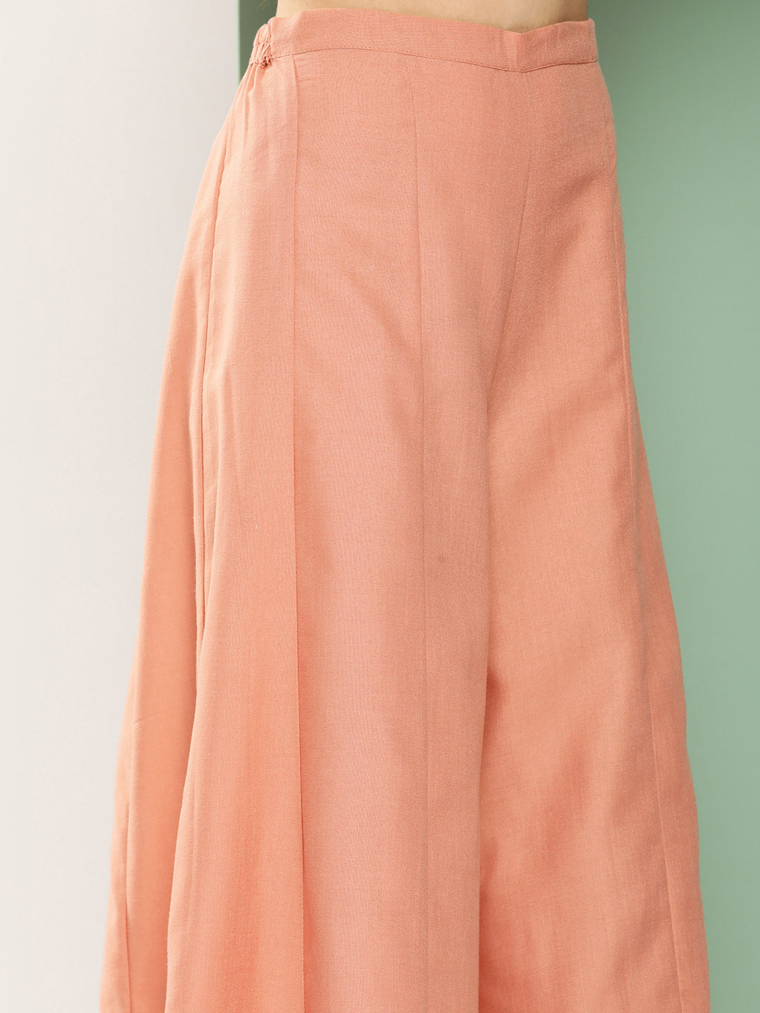 Women's Peach Floral Print Shrug & Inner Plain Short Spaghetti, With Flared Palazzos - Bhama Couture