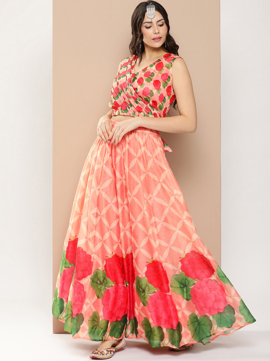 Women's Peach Chanderi Floral Printed Top With Skirt - Bhama Couture
