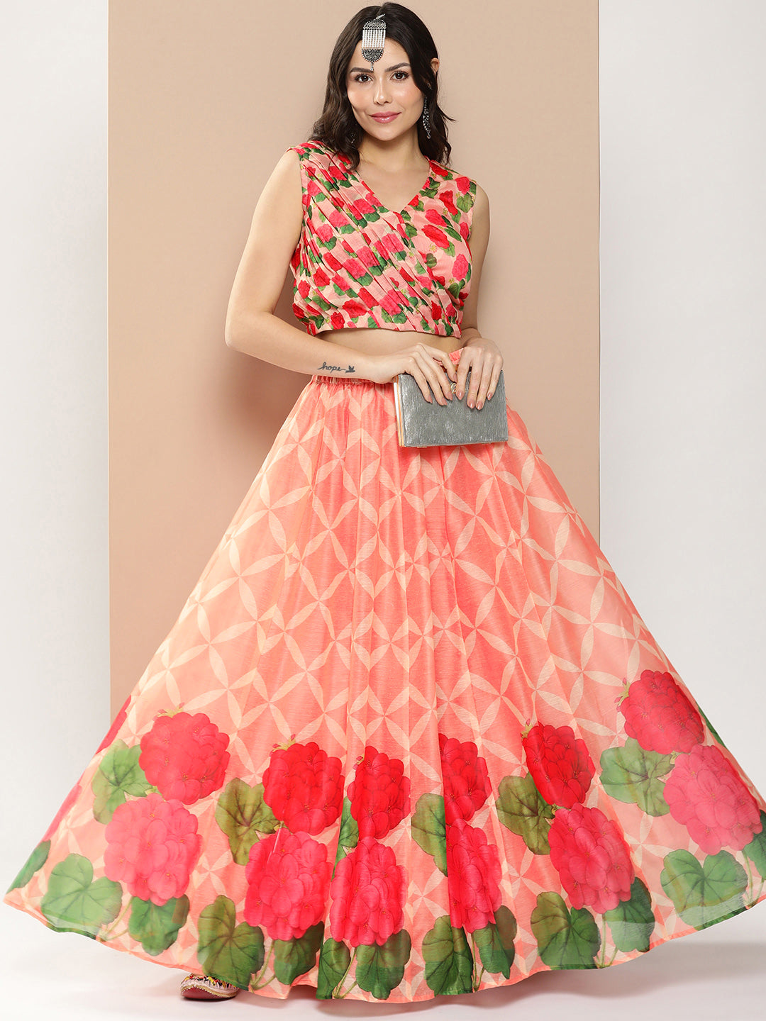 Women's Peach Chanderi Floral Printed Top With Skirt - Bhama Couture