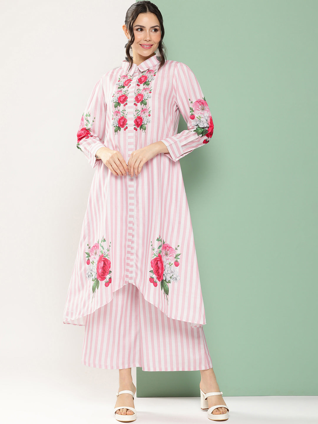 Women's Pink & White Strip Floral Print Kurta With Palazzos - Bhama Couture