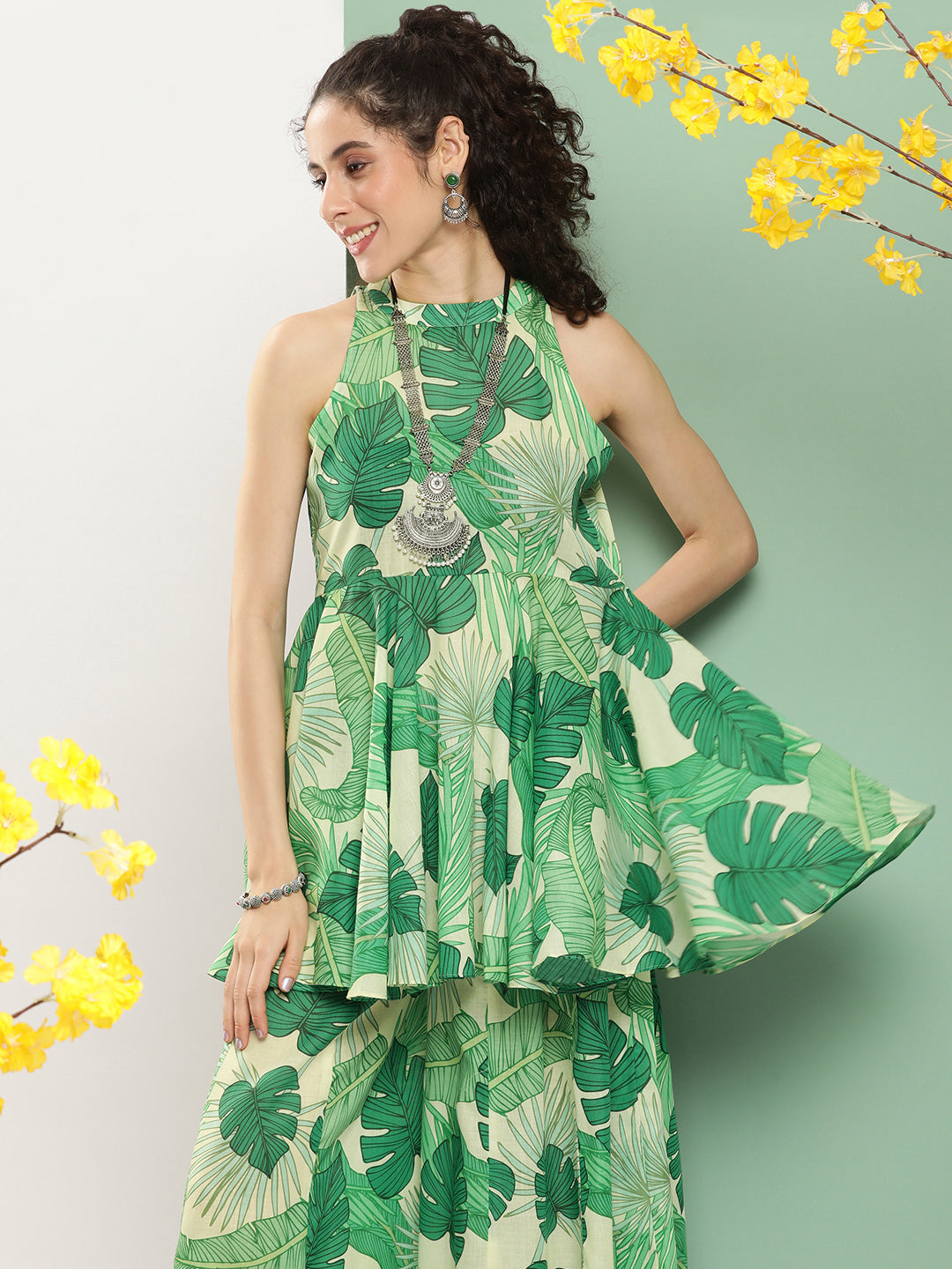 Women's Green Leaf Print Short Kurta With Sharara - Bhama Couture