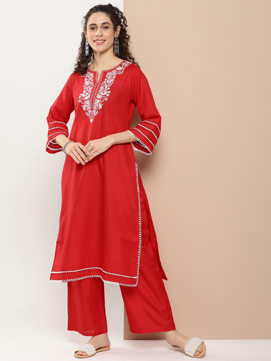 Women's Red Chikankari Neck Embroidered Kurta With Solid Palazzo - Bhama Couture