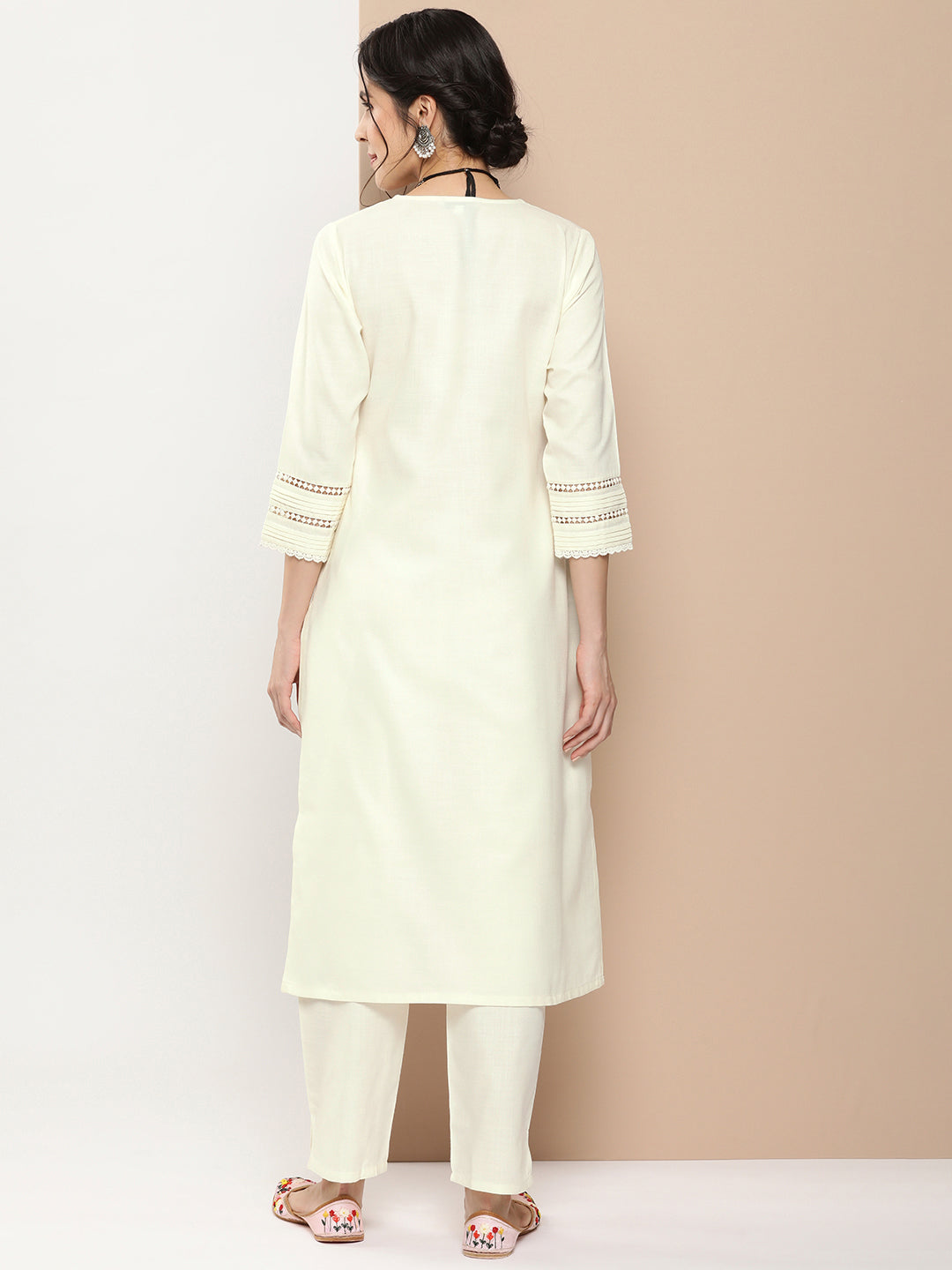 Women's Off White Embroidered Kurta With Off White Solid Palazzos - Bhama Couture