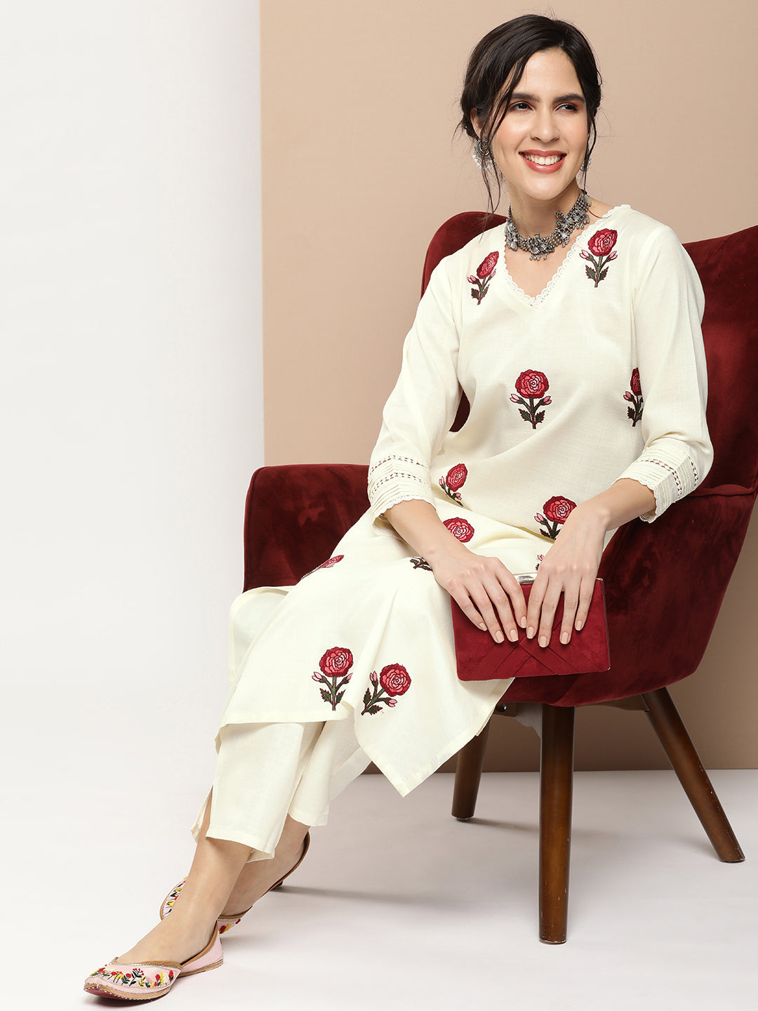 Women's Off White Embroidered Kurta With Off White Solid Palazzos - Bhama Couture