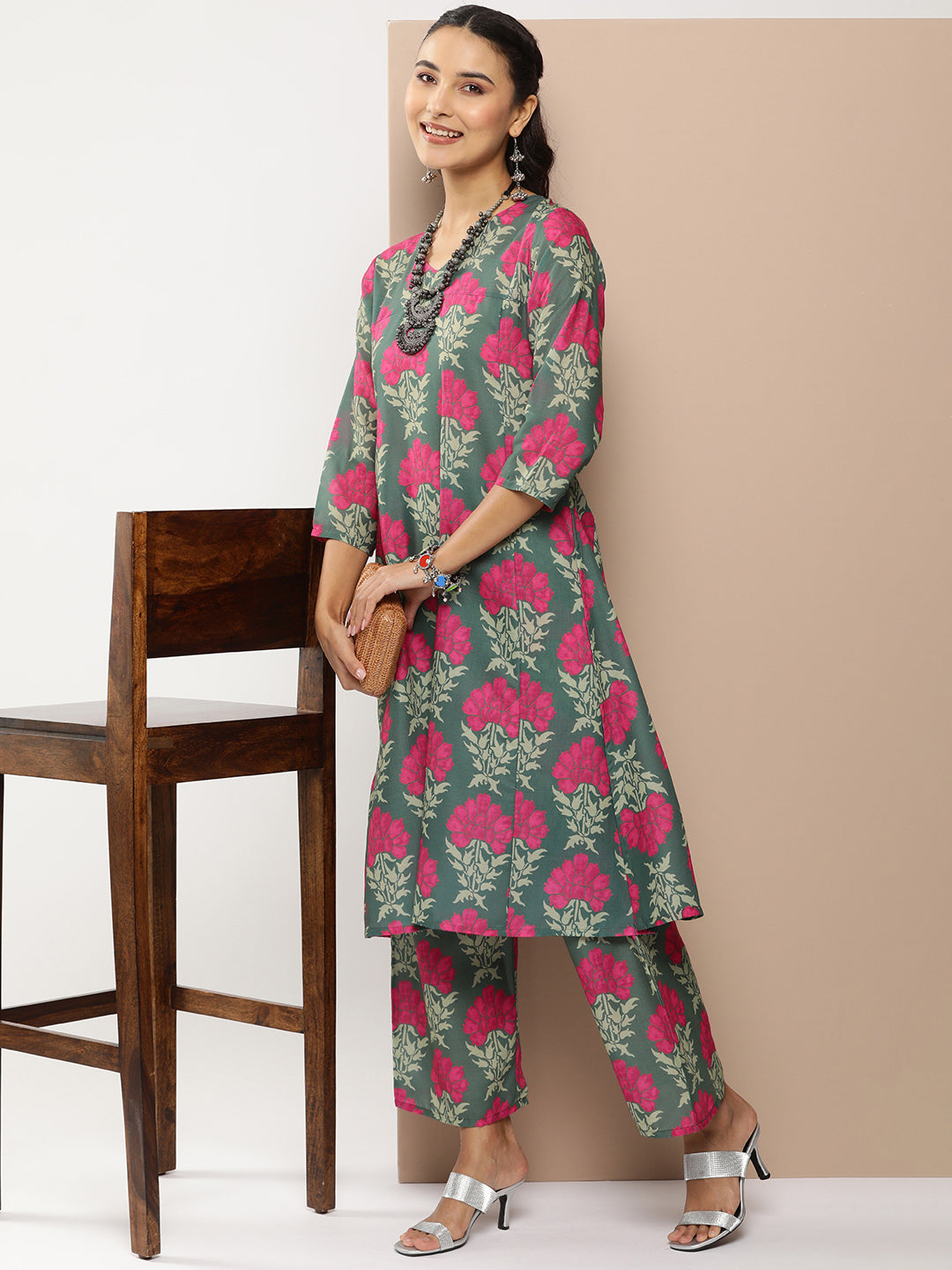 Women's Green Floral Print A-Line Kurta With Green Floral Print Palazzo - Bhama Couture