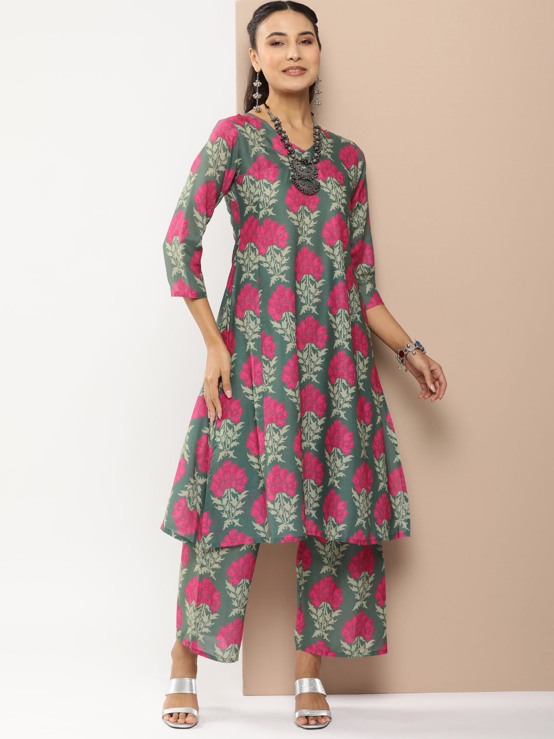 Women's Green Floral Print A-Line Kurta With Green Floral Print Palazzo - Bhama Couture