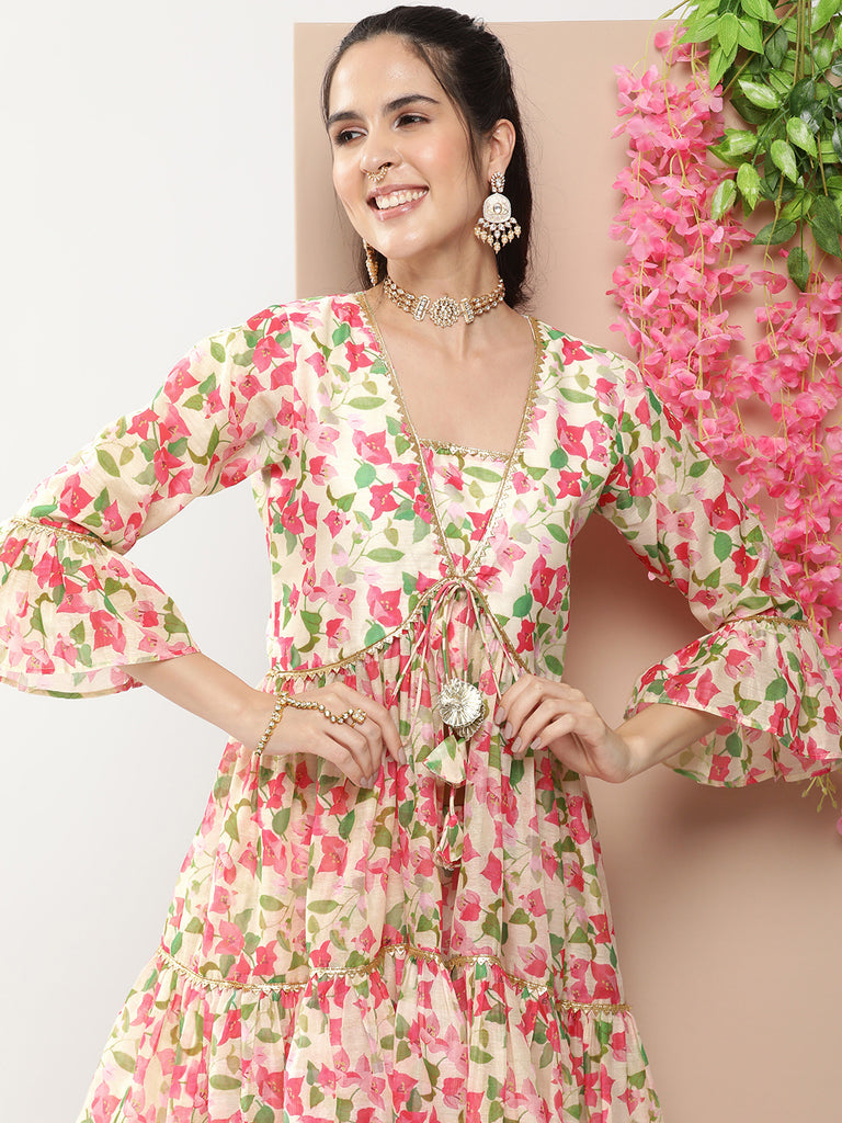 Women's Beige Floral Print Kurta Gotta Patti Details With Beige Floral Print Sharara