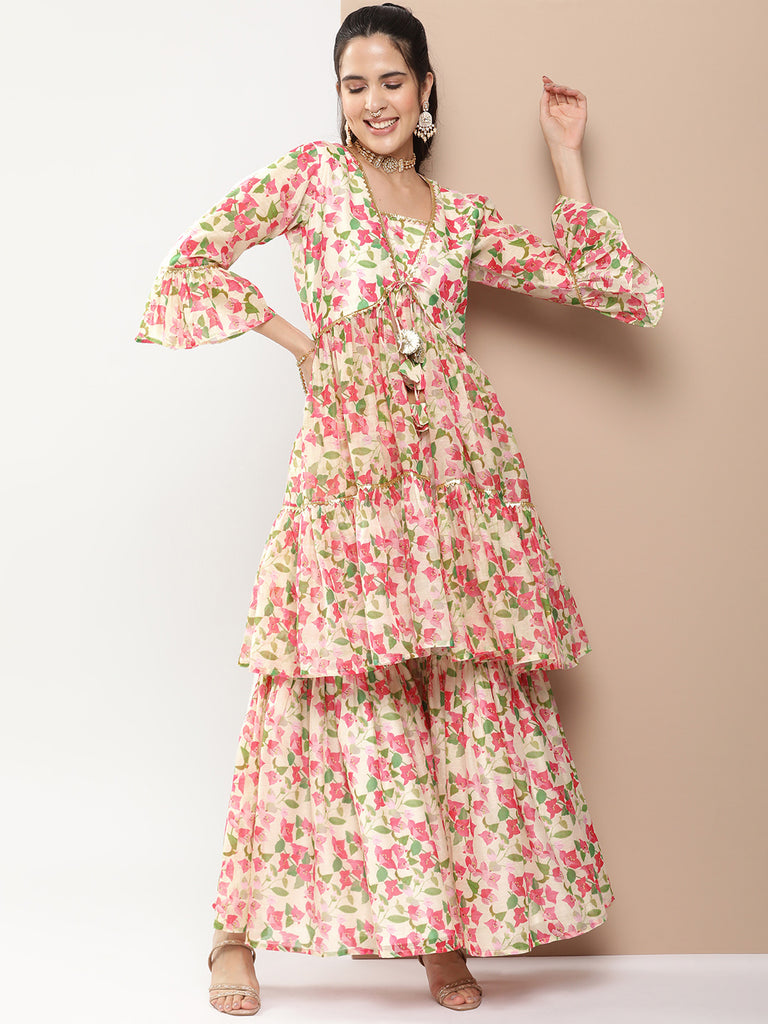 Women's Beige Floral Print Kurta Gotta Patti Details With Beige Floral Print Sharara