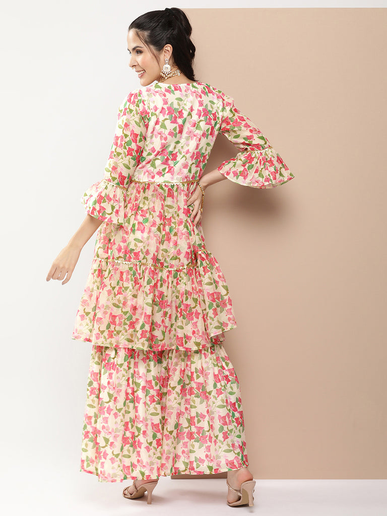 Women's Beige Floral Print Kurta Gotta Patti Details With Beige Floral Print Sharara