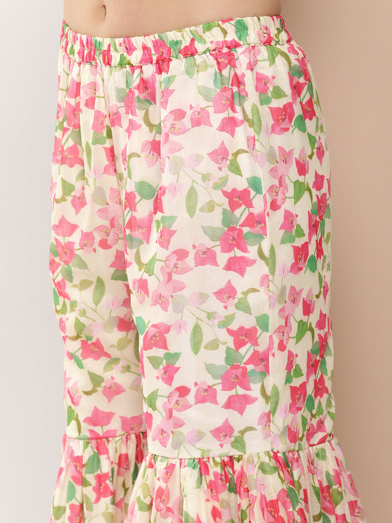 Women's Beige Floral Print Kurta Gotta Patti Details With Beige Floral Print Sharara