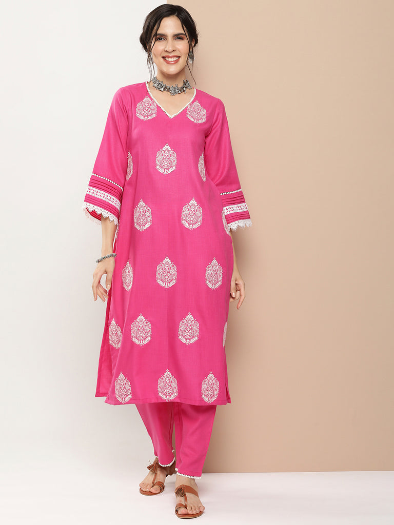 Women's Pink Embroidered Kurta With Solid Pink Palazzo