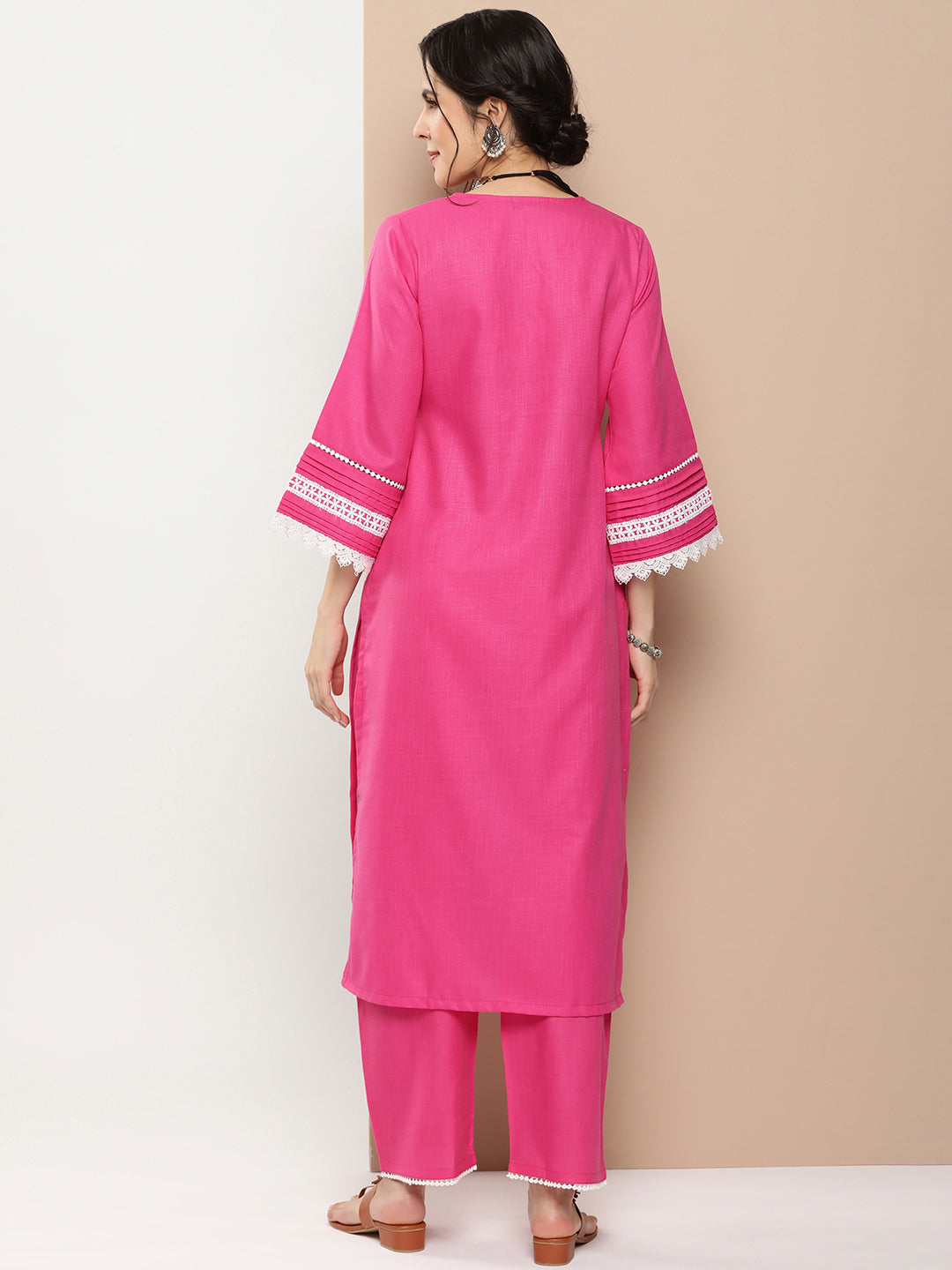 Women's Pink Embroidered Kurta With Solid Pink Palazzo - Bhama Couture