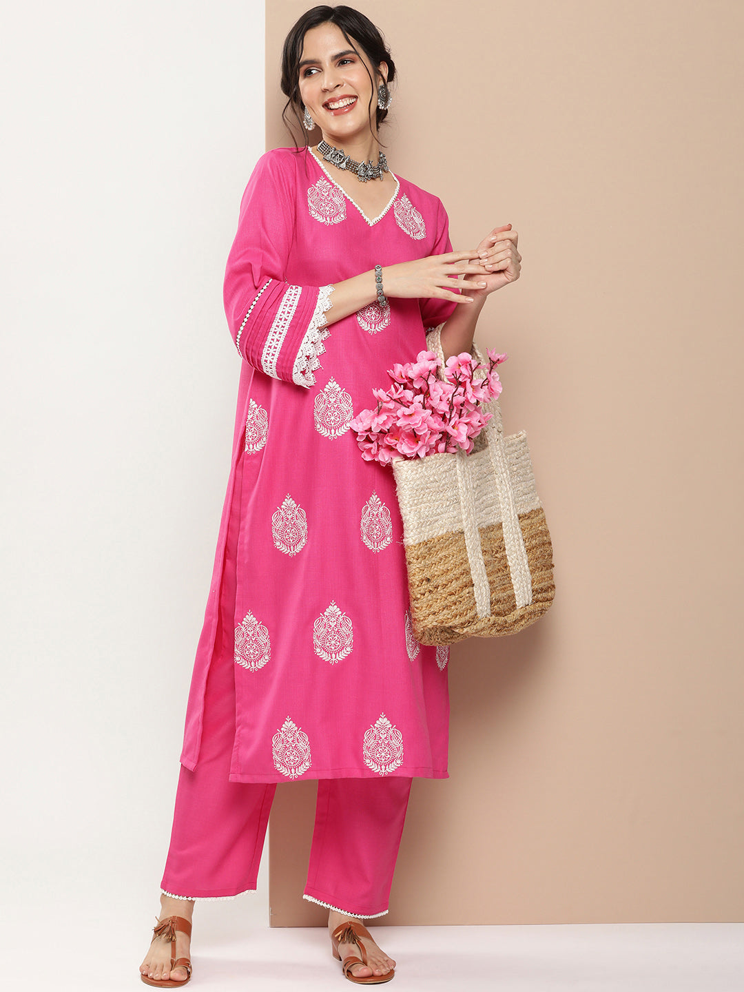 Women's Pink Embroidered Kurta With Solid Pink Palazzo - Bhama Couture