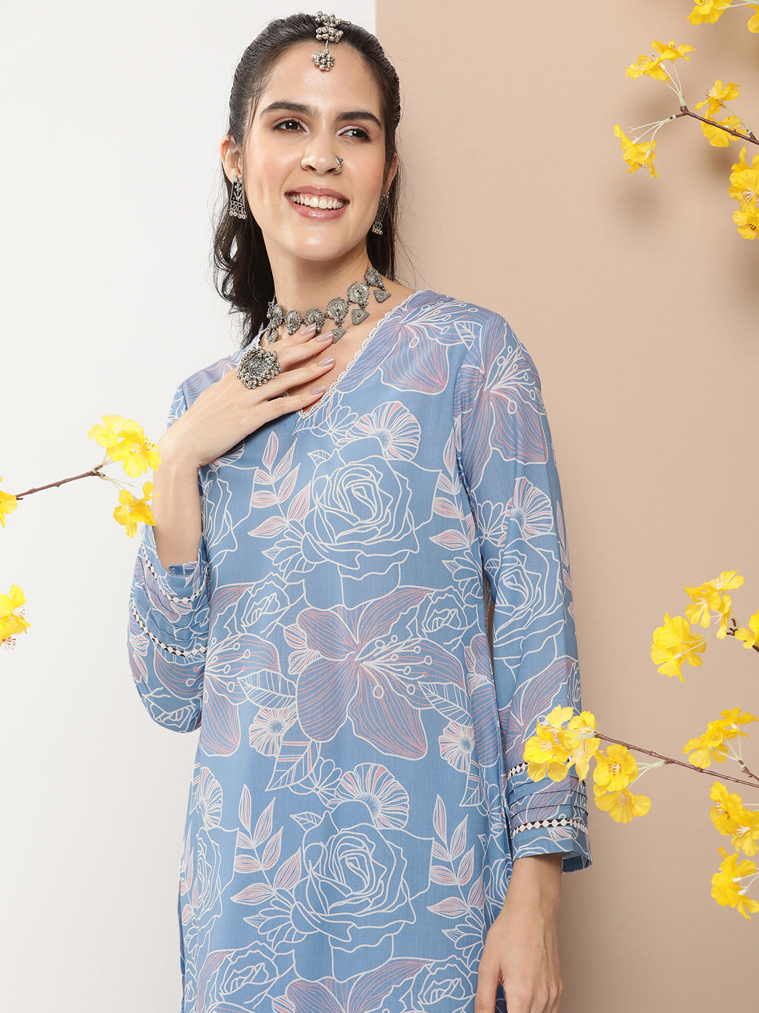 Women's Blue Floral Print Kurta With Lace Details With Blue Floral Print Palazzos - Bhama Couture