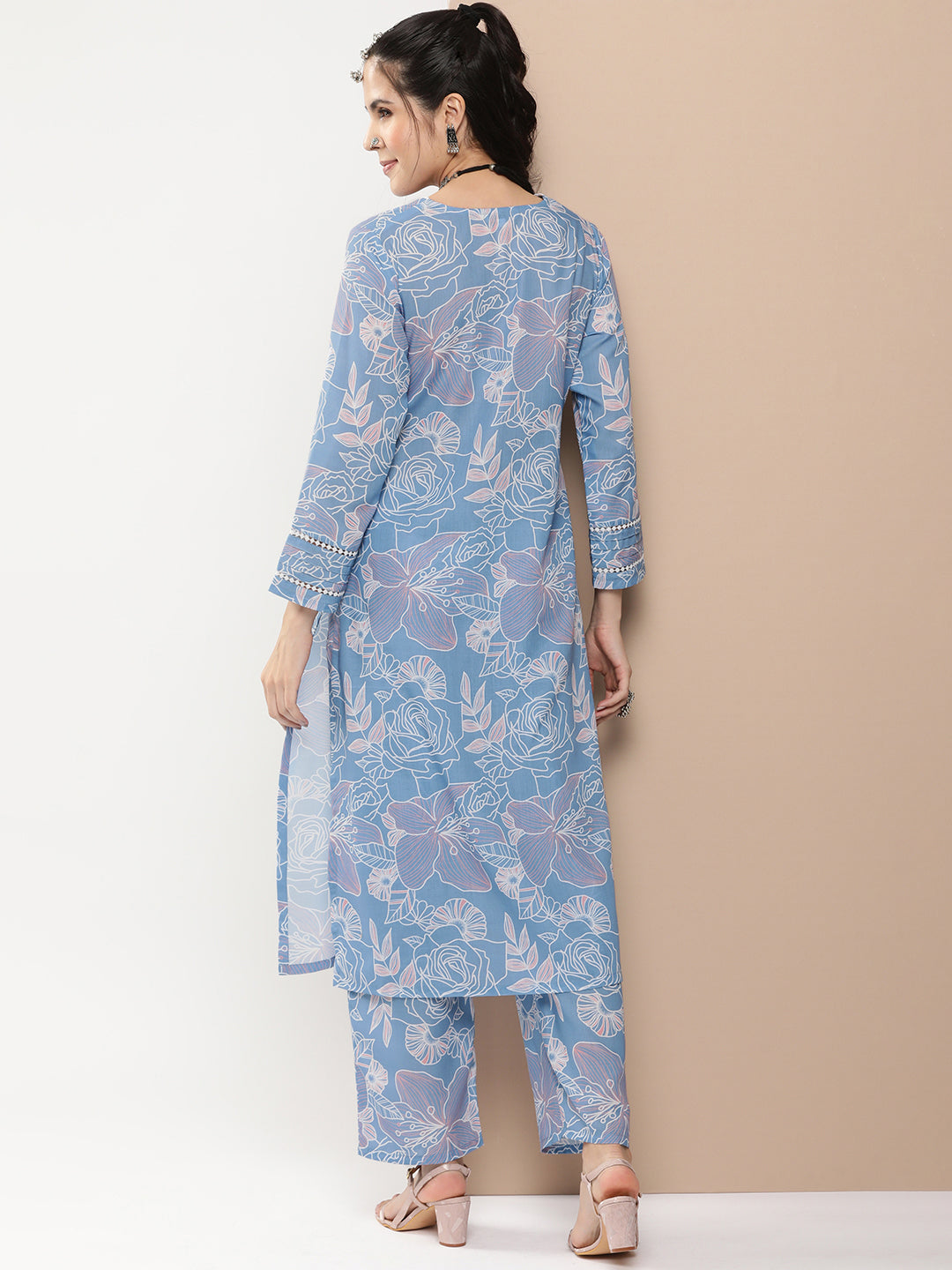 Women's Blue Floral Print Kurta With Lace Details With Blue Floral Print Palazzos - Bhama Couture