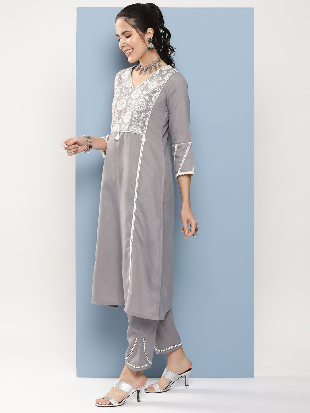 Women's Grey Embroidered A-Line Kurta With Lace Detailing With Grey Solid Palazzos - Bhama Couture