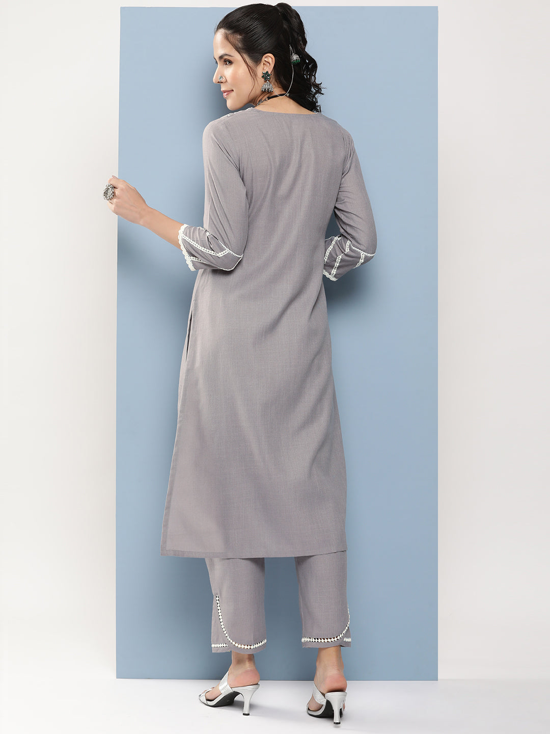Women's Grey Embroidered A-Line Kurta With Lace Detailing With Grey Solid Palazzos - Bhama Couture