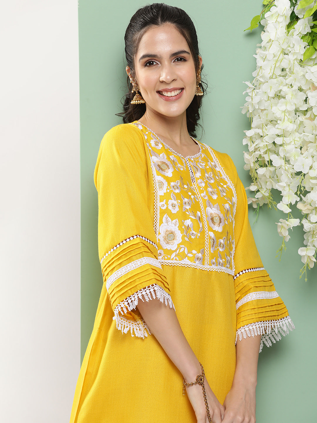 Women's Mustard Embroidered Kurta With Mustard Solid Palazzos - Bhama Couture