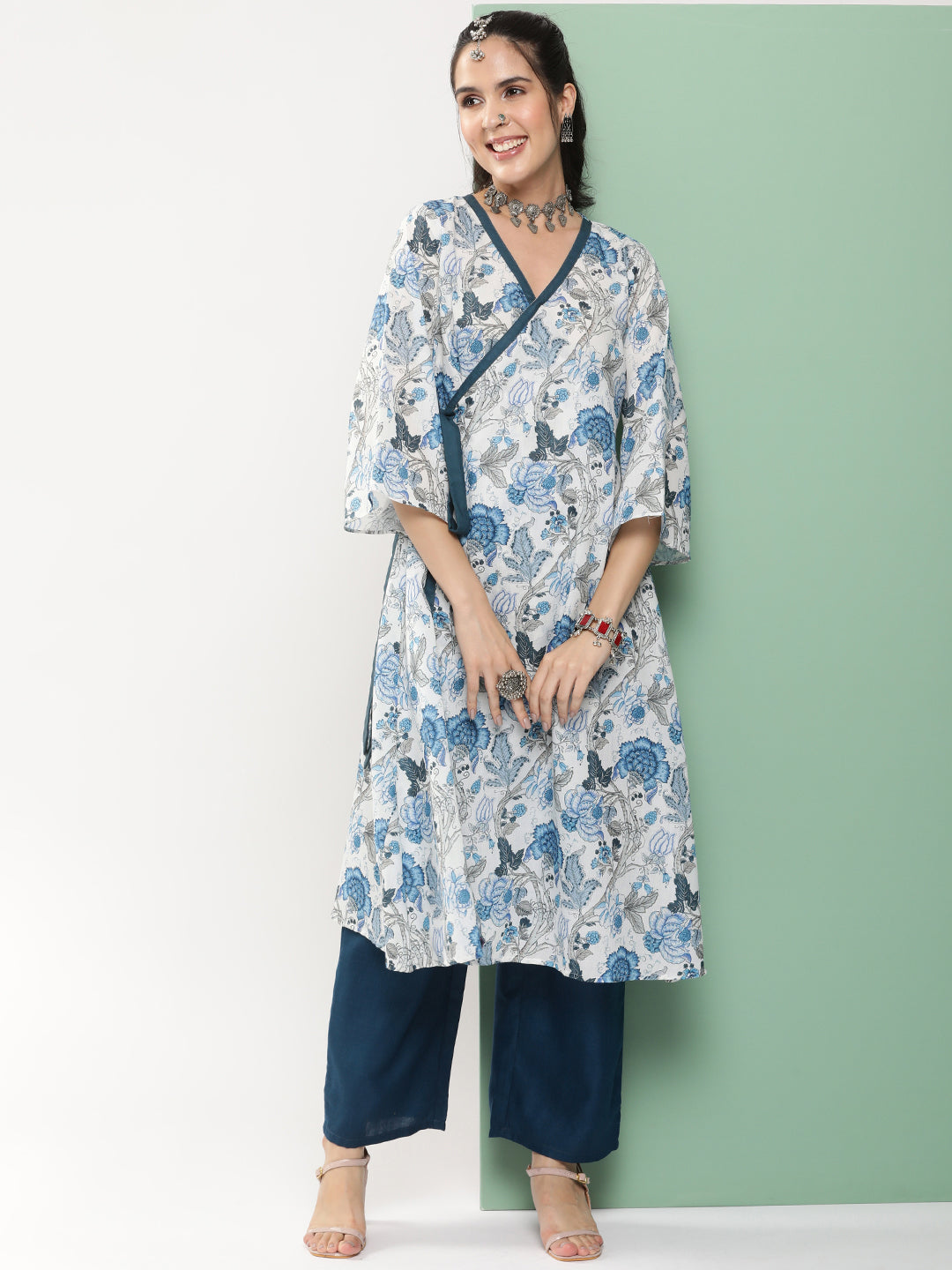 Women's White & Blue Floral Printed A- Line Side Wrap-On Kurta With Blue Solid Palazzo - Bhama Couture