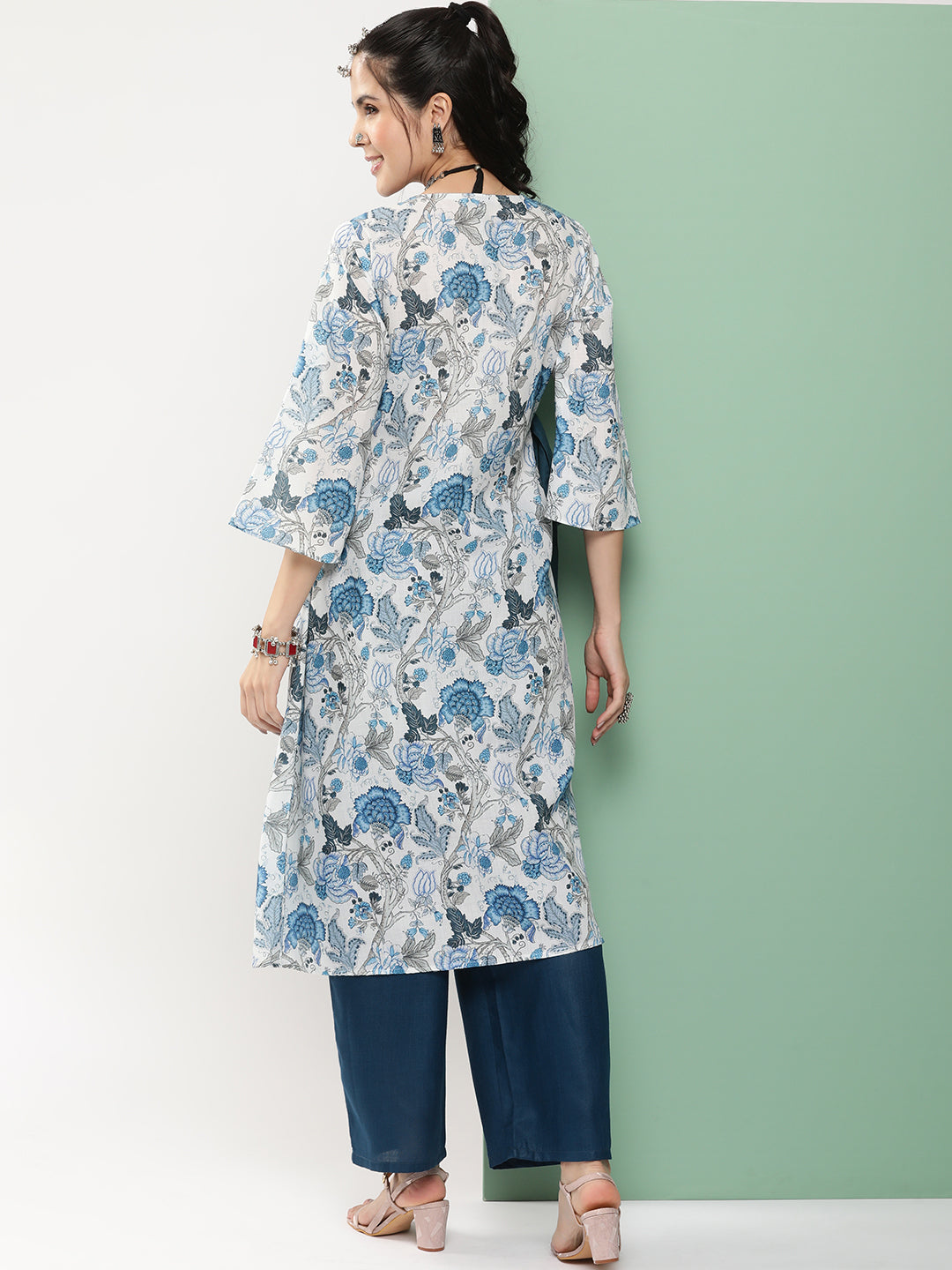 Women's White & Blue Floral Printed A- Line Side Wrap-On Kurta With Blue Solid Palazzo - Bhama Couture